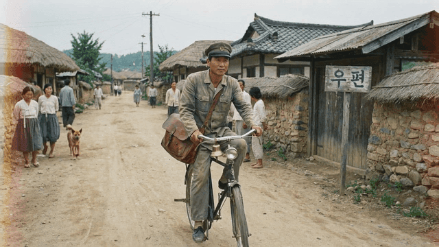 1970s mail carrier riding bicycle in rural village