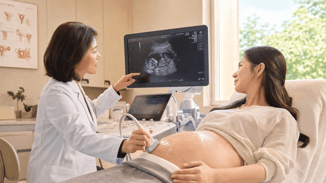 Doctor performing an ultrasound on a pregnant woman