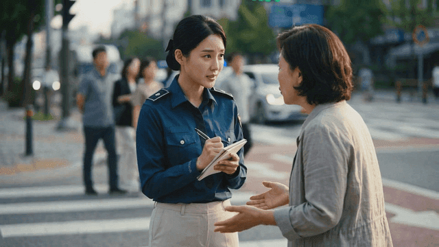 Police officer talking to woman on street