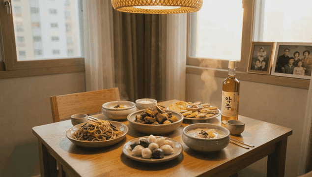 Table set with traditional Korean holiday dishes