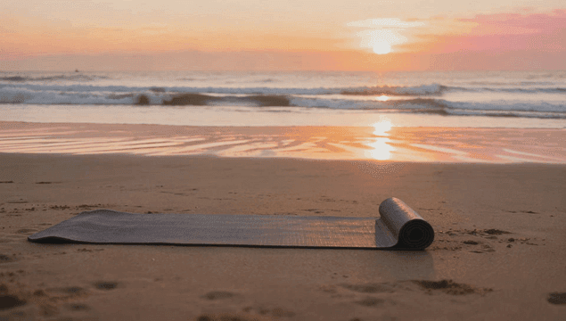 일출 시 고요한 해변의 요가 매트