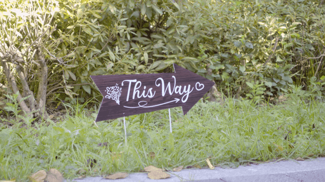 Wooden arrow sign standing on grass