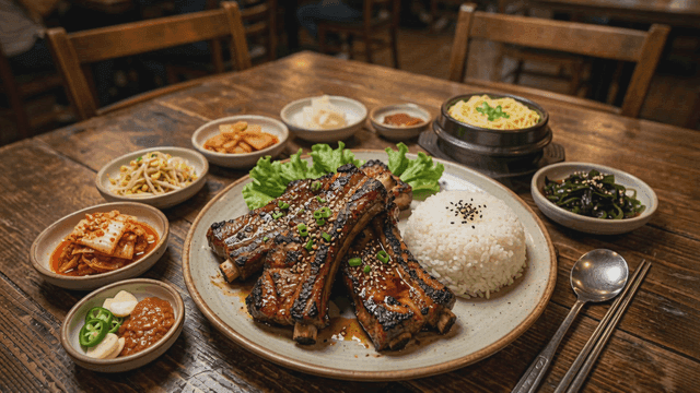 Marinated pork ribs and side dishes