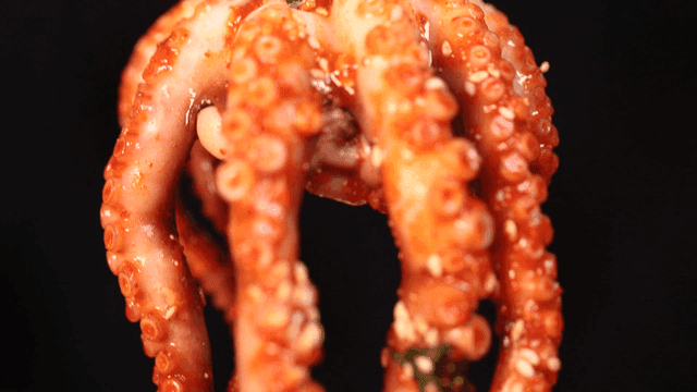 Spicy seasoned octopus seafood stew lifted with tongs