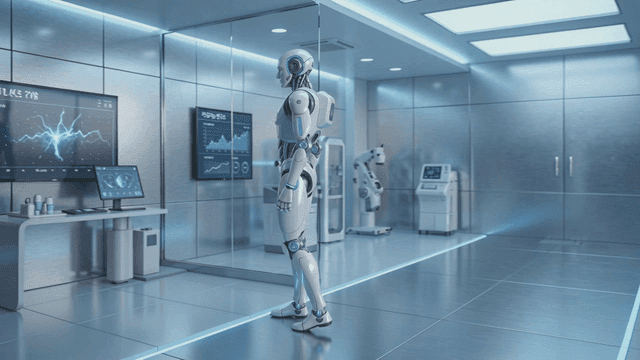 Humanoid robots in futuristic laboratory