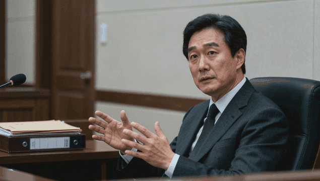 법정에서 증언하는 정장 입은 남성