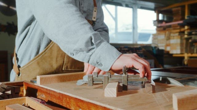 공방에서 목재를 측정하는 장인