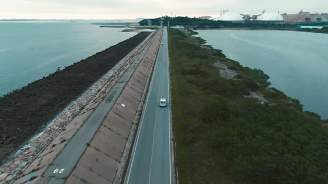 Cars driving on a coastal road surrounded by greenery and the sea