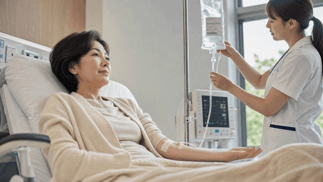 Middle-aged female patient receiving intravenous fluid therapy at hospital