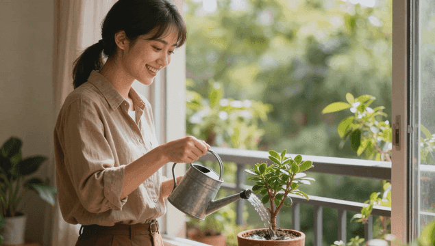집 창가에서 식물에 물을 주며 미소짓는 젊은 여성