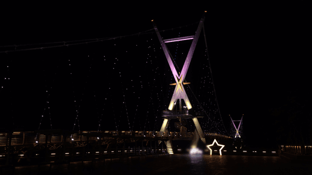 Illuminated bridge at night with starry lights