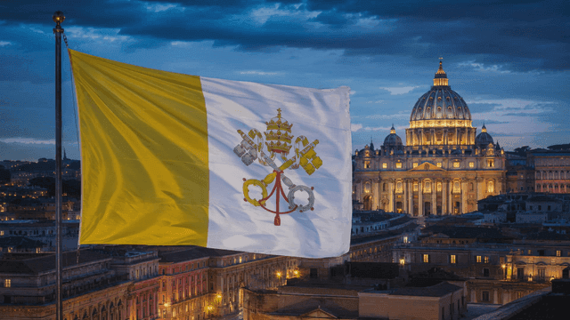 Vatican flag waving near illuminated cathedral