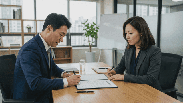 Two businessmen signing contract