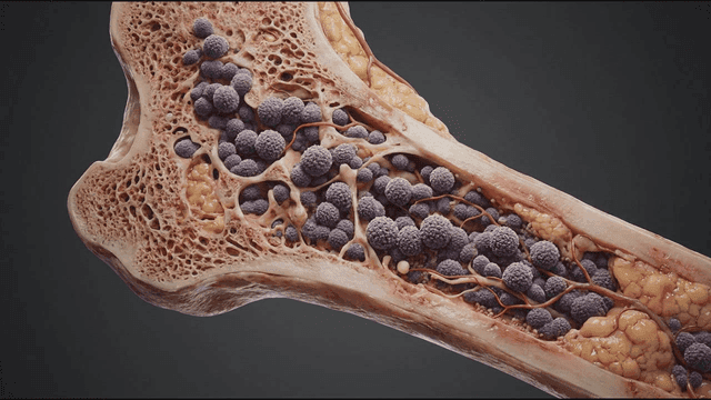Detailed view of bone marrow structure rotting away due to pathogens