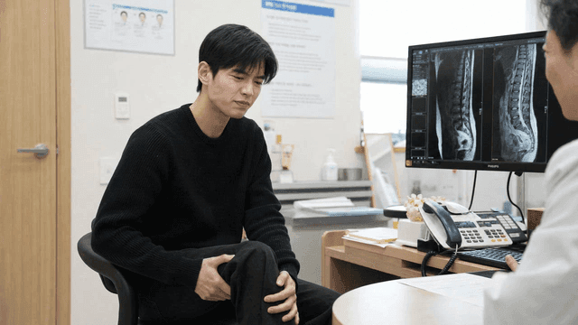 Knee pain patients consulting with doctor at clinic