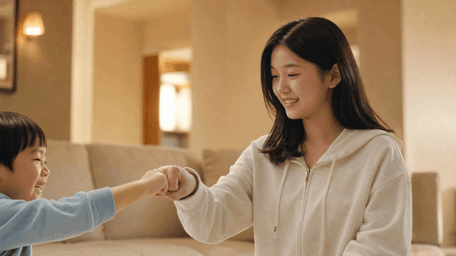 Woman and child exchanging fist bumps on sofa