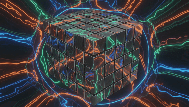 네온 패턴이 있는 빛나는 큐브