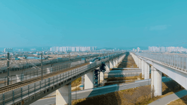 High-speed train on elevated tracks