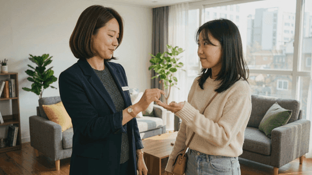 Two women exchanging keys in a cozy living room