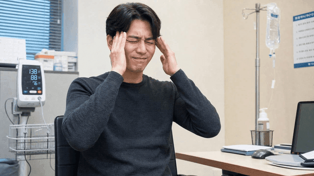 Man experiencing a headache in a clinic