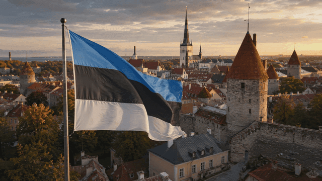 Estonian flag waving over a historic city