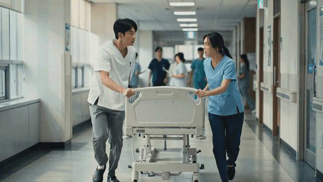 Doctors rushing to move while pushing hospital beds