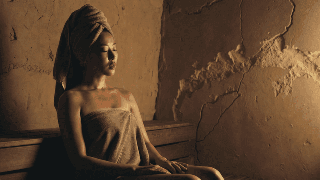 Woman relaxing in sauna