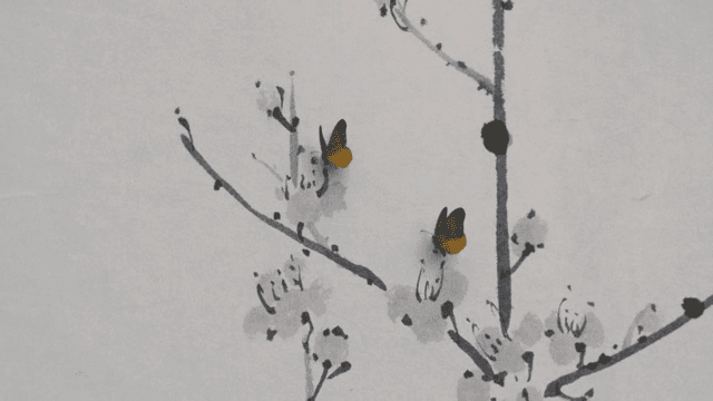 먹으로 그린 나뭇가지 위의 나비들