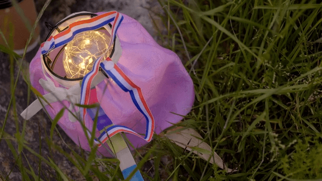 A glowing lantern in the grass