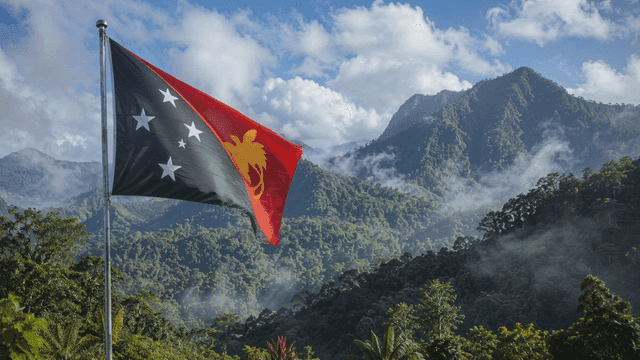 Papua New Guinea flag fluttering in front of foggy mountain