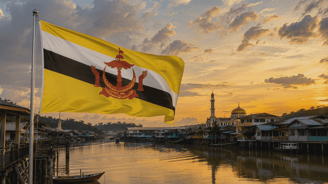 Brunei flag in riverside village at sunset