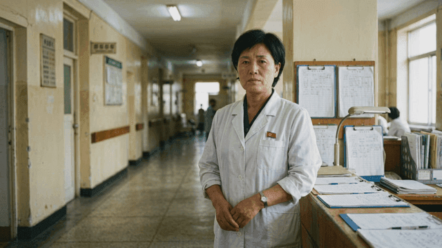 North Korean female doctor standing in hospital hallway