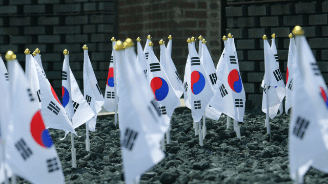 Korean flags displayed on black stones