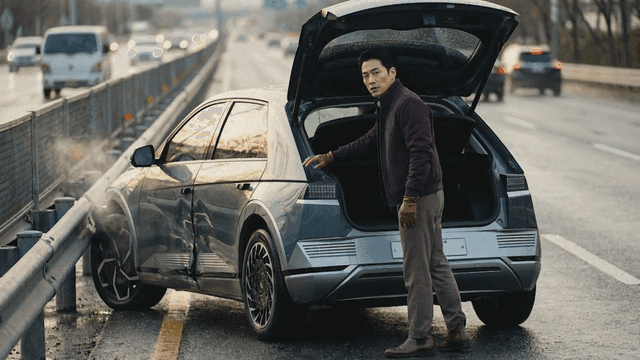 Car damaged in traffic accident on highway and man