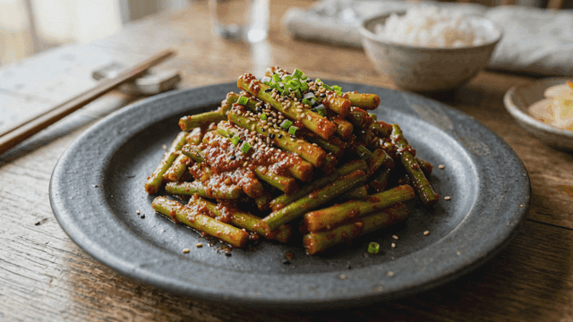 Seasoned garlic stems on simple table