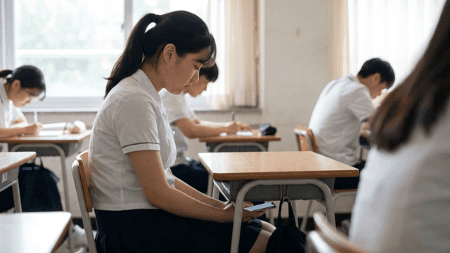 교실에서 몰래 스마트폰을 보는 여학생