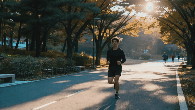 아침 공원을 뛰는 젊은 남성