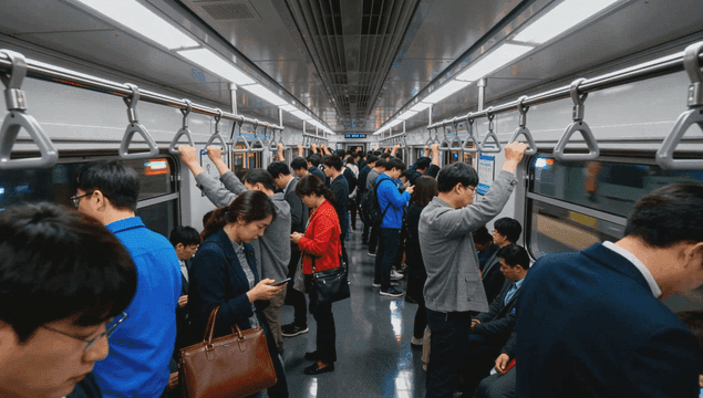 Subway with commuters using mobile phones