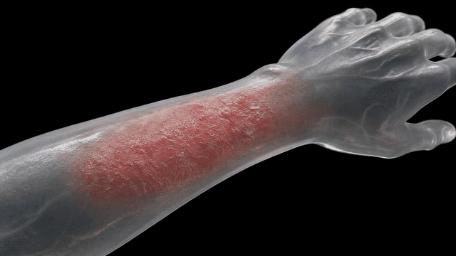 Close-up of transparent arm with red rash