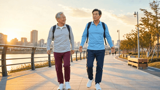 Two elderly people walking along riverside park path in city