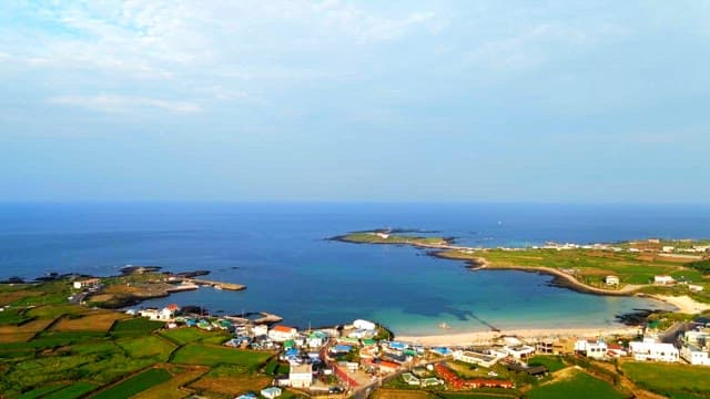 Coastal village with green fields overlooking the ocean