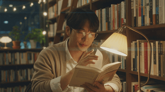 Man reading book at library at night
