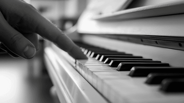 Finger gently touching piano keys