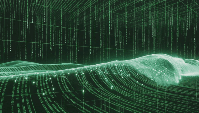 녹색 매트릭스 코드의 디지털 파도