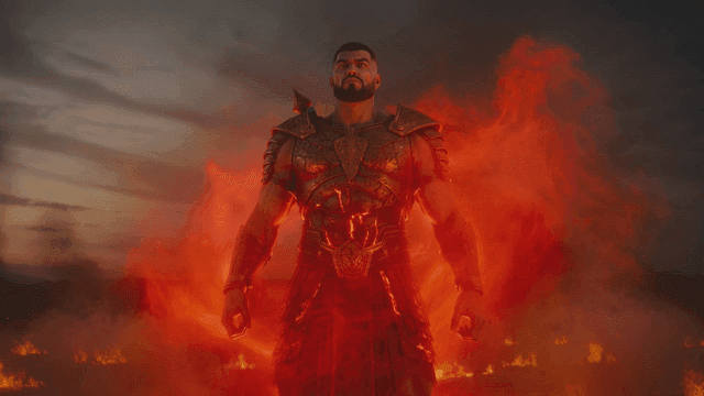 Ancient Greek warrior standing in flames