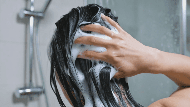 Woman applying shampoo to wet hair while showering