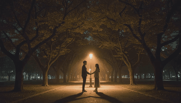 Couple holding hands under a streetlight
