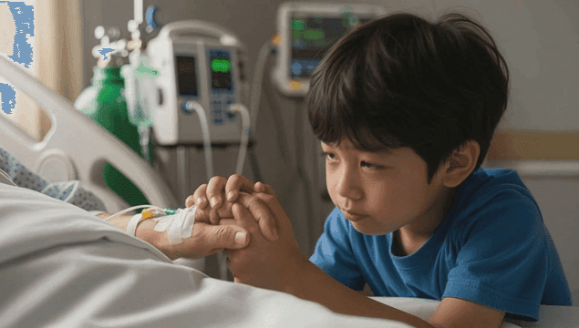 병원에서 환자의 손을 잡고 있는 아이
