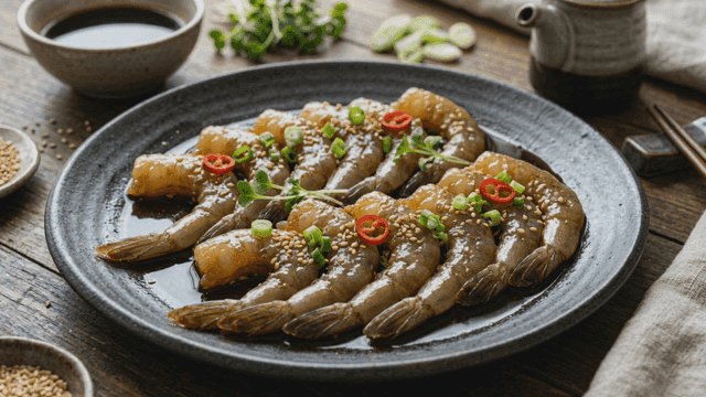 Soy sauce marinated shrimp garnished with sesame seeds and chili peppers
