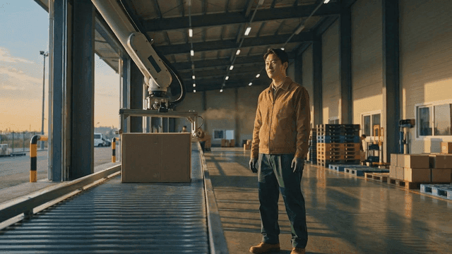 A worker observing a robotic arm in a factory